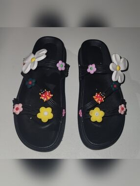 Girl's Cute Black Floral Slide Sandals with Flowers Size EU 38-39 US 6-7